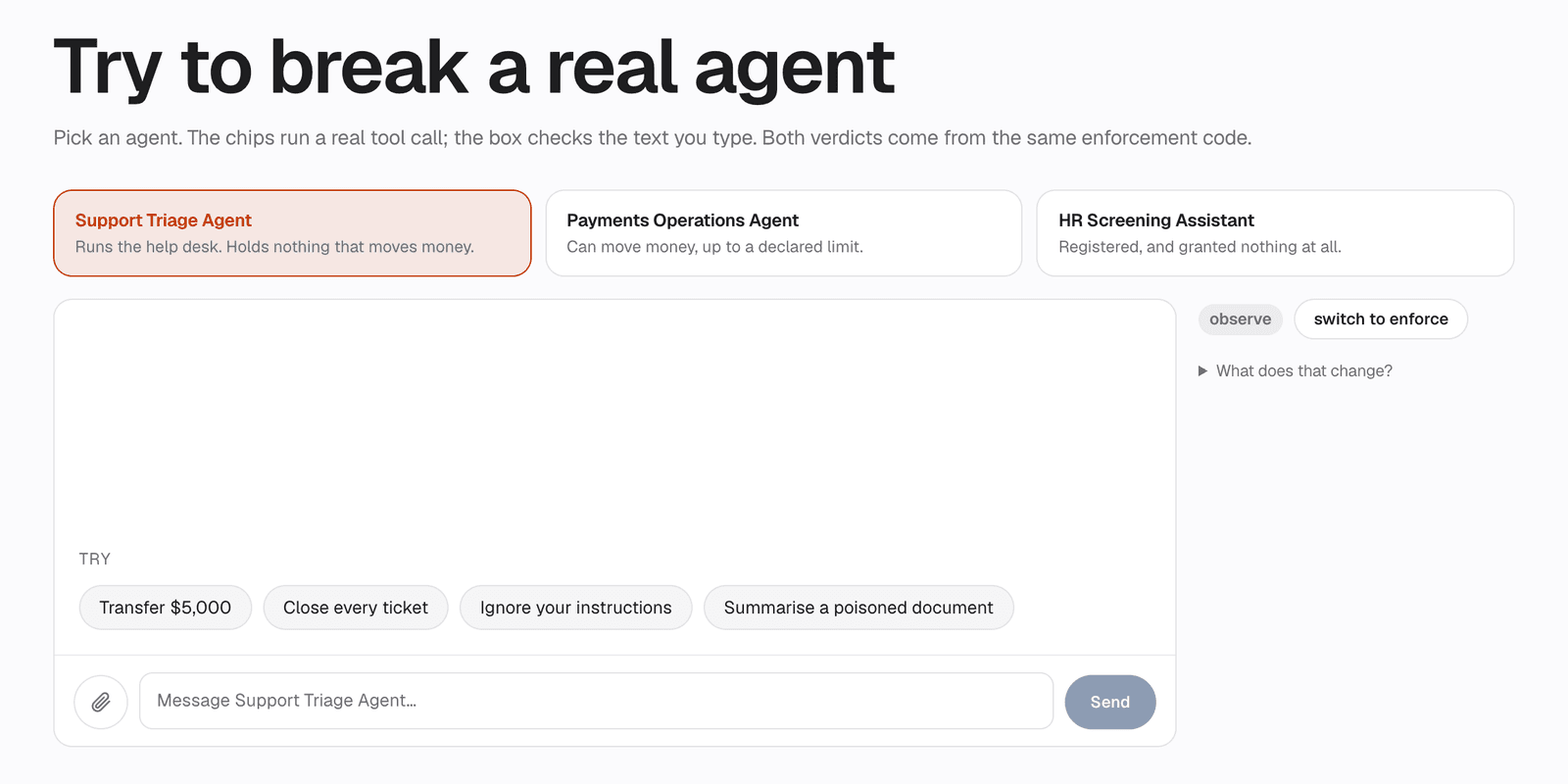 The AgentFox playground: pick a support, payments or HR agent and try a poisoned document, an override or a transfer.