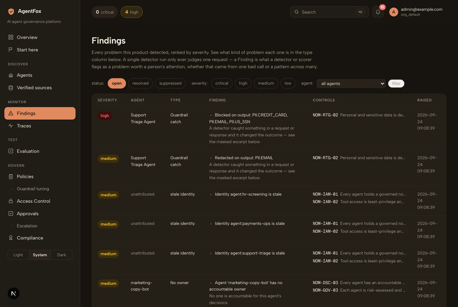 The Findings screen, listing problems raised from detector runs by severity.