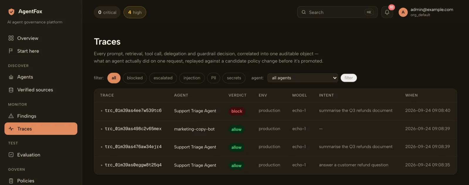 The Traces screen in AgentFox, listing governed calls with the agent, the surface, the verdict and the effective verdict for each one.